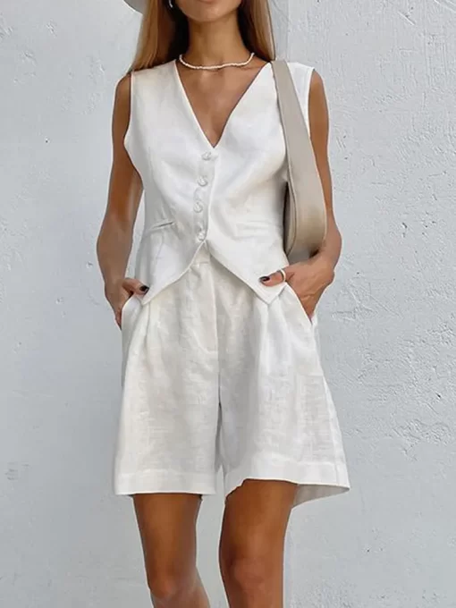 Cotton Line Waistcoat Shorts Sets Women Elegant Sleeveless Single Breasted Top Two Piece Set Womens 2023.jpg (1)