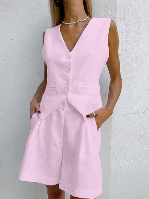 Cotton Line Waistcoat Shorts Sets Women Elegant Sleeveless Single Breasted Top Two Piece Set Womens 2023.jpg (7)