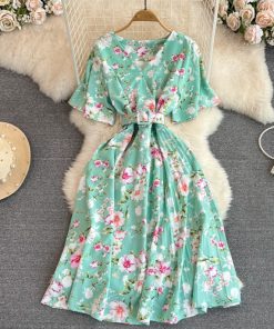 CuwQV neck Floral Print Women Dresses with Belt 2023 New Spring Summer Short Sleeved Vintage Female