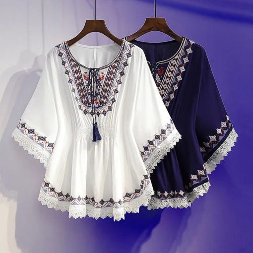 Ex9oWomen Summer Retro Boho Style Embroidery Shirts Blouses Cloak Top Loose Cotton Lace Hem Bat sleeve