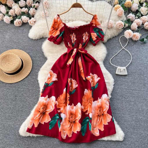 Fashion Summer Sweet Print Long Dress Women Squre Neck A Line Elastic Sundress 2023 Ladies Ruched Floral Beach Dress