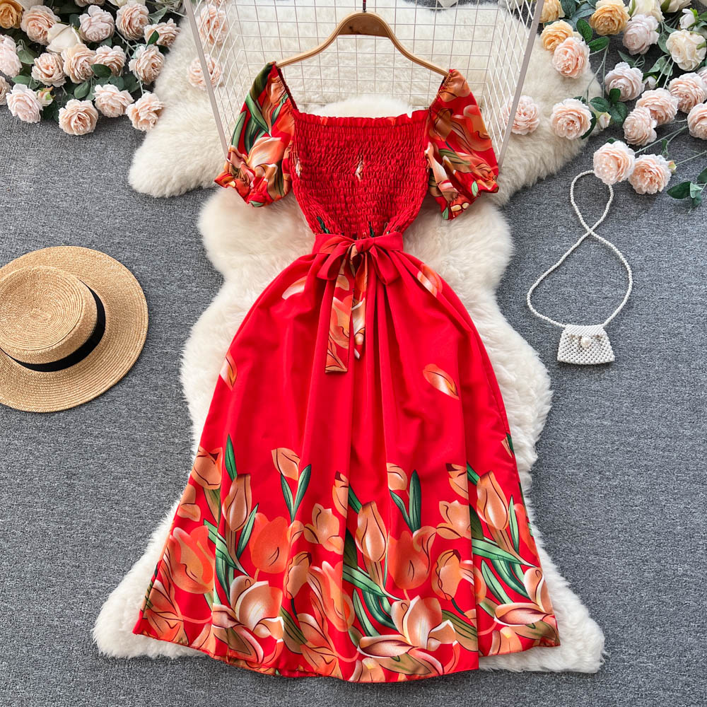Fashion Summer Sweet Print Long Dress Women Squre Neck A Line Elastic Sundress 2023 Ladies Ruched Floral Beach Dress