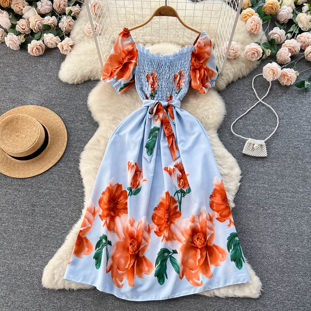 Fashion Summer Sweet Print Long Dress Women Squre Neck A Line Elastic Sundress 2023 Ladies Ruched Floral Beach Dress 23