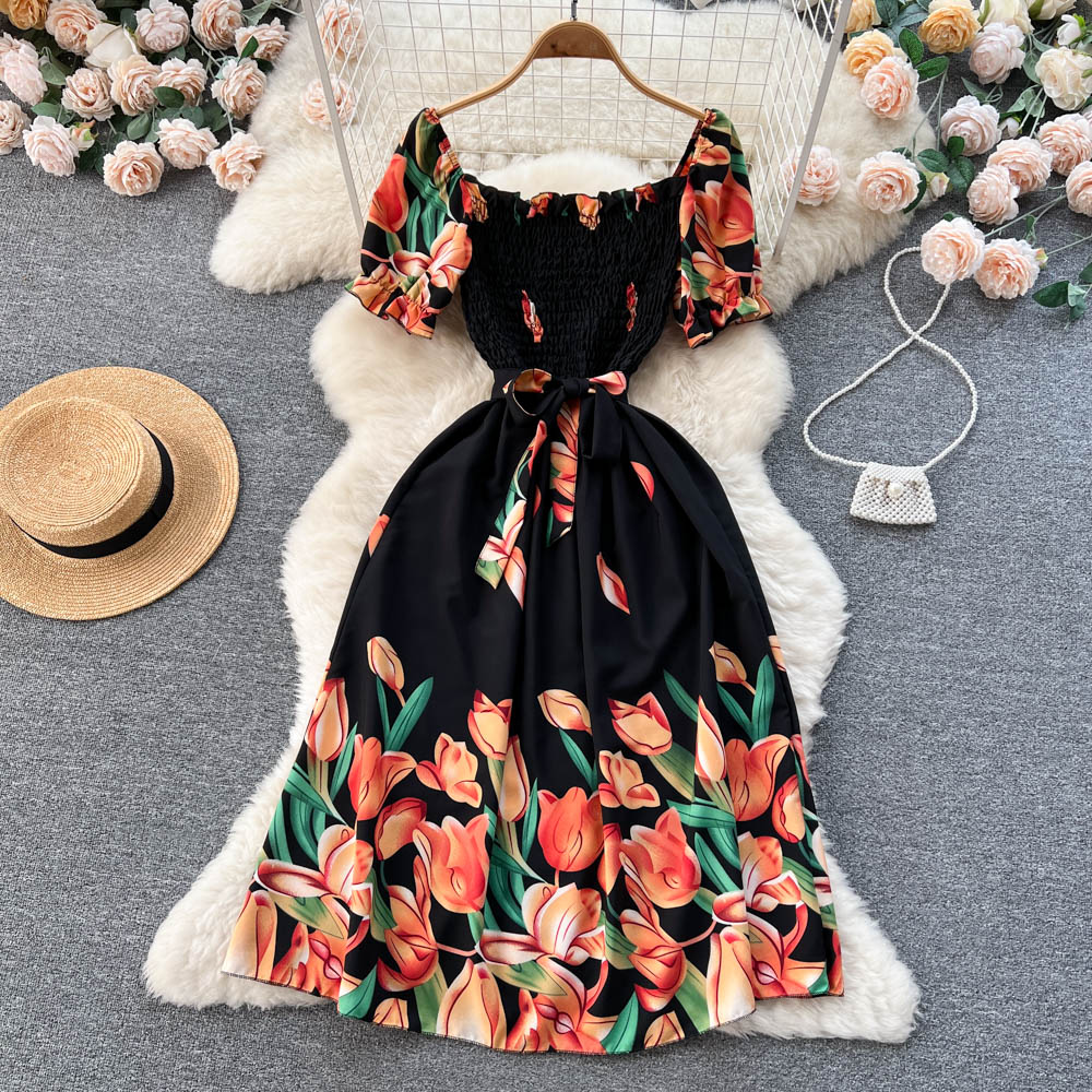 Fashion Summer Sweet Print Long Dress Women Squre Neck A Line Elastic Sundress 2023 Ladies Ruched Floral Beach Dress 3