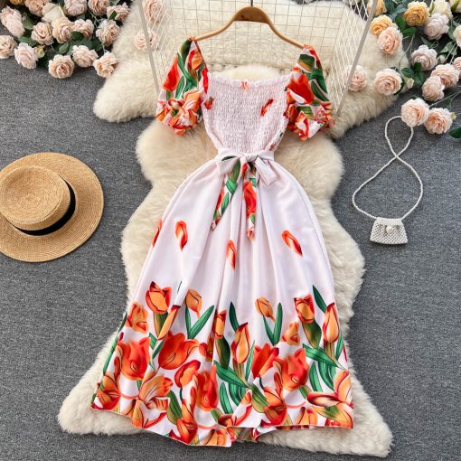 Fashion Summer Sweet Print Long Dress Women Squre Neck A Line Elastic Sundress 2023 Ladies Ruched Floral Beach Dress e
