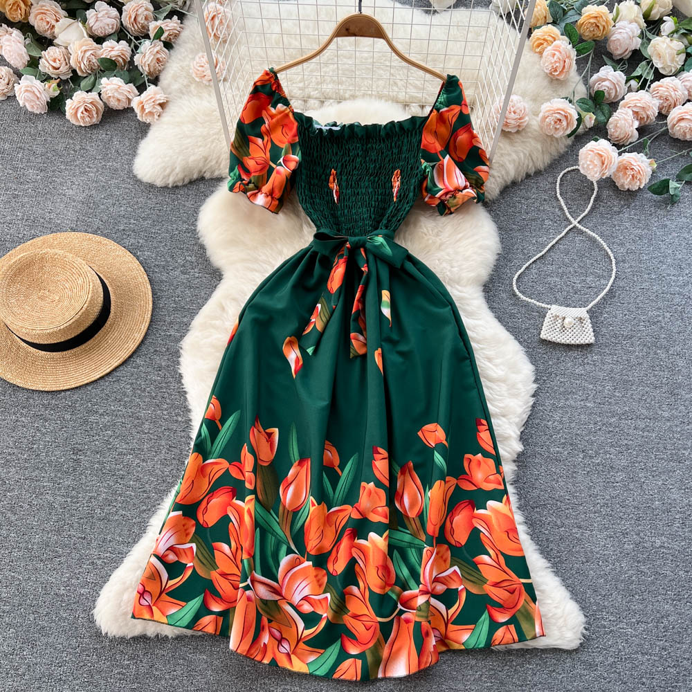Fashion Summer Sweet Print Long Dress Women Squre Neck A Line Elastic Sundress 2023 Ladies Ruched Floral Beach Dress vc vvv