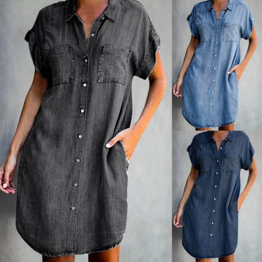 G7C1Loose Button Pocket Denim Dress Women Fashion Casual Daily Streetwear Dress 2023 New Female Summer Oversized