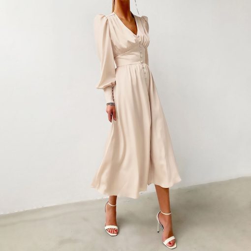 GsS4Autumn Elegant Long Sleeve Satin Dress Women 2022 Fashion High Waist Slim Maxi Dresses For Woman