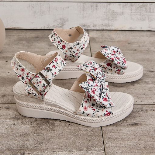 HYLhWomen Fashion Floral Print Bowknot Sandals Buckle Strap Platform Wedge Sandals Woman Summer 2023 Thick Sole