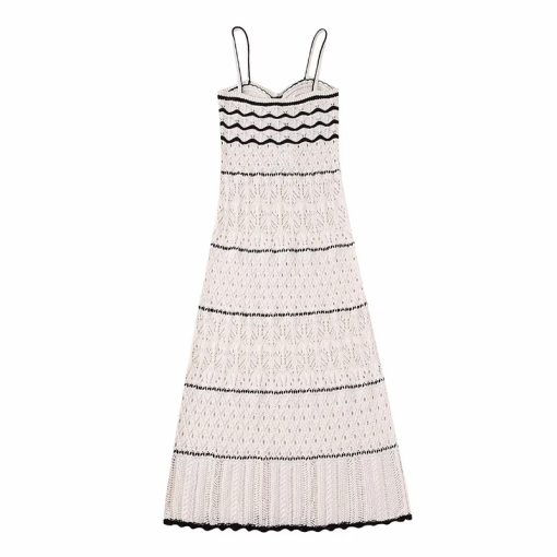 J058TRAF 2023 Summer New Women s Beach Style Knitted Slim Fit Slim Strap Long Dress Solid