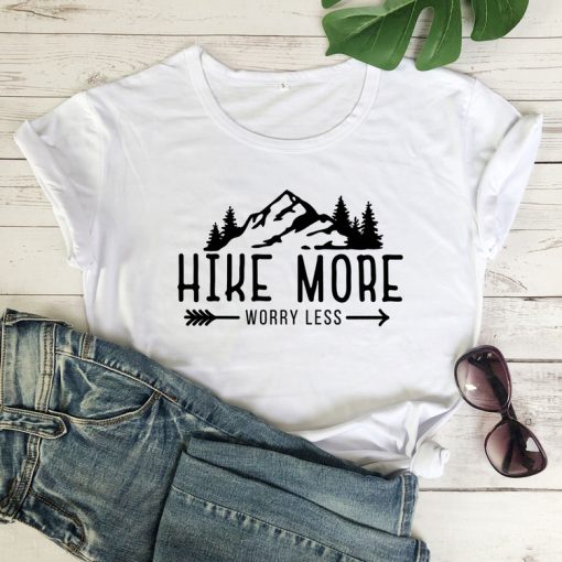 JEWwHike More Worry Less T shirt Casual Unisex Short Sleeve Graphic Hiking Outdoors Tees Tops Funny