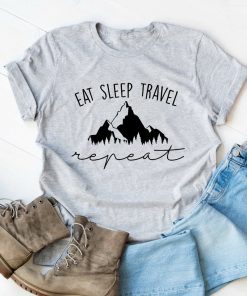 JipvEat Sleep Travel Repeat Mountains T shirt Unisex Adventure Hiking Tshirt Outfit Casual Women Camping Outdoor
