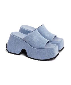 KIsWDenim Thick Sole Summer Women Slippers Modern Flat With Height Increasing Leisure Casual Outside Platform Super