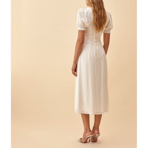 KsMhSummer Dress 2021 Sweetheart Neck Short Puff Sleeve White Dress Women Elegant Vintage Evening Party Back