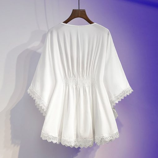 LBoPWomen Summer Retro Boho Style Embroidery Shirts Blouses Cloak Top Loose Cotton Lace Hem Bat sleeve