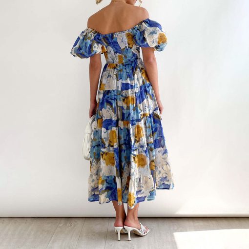 LJv0Summer Women Elegant floral prints Dresses 2023 New Sexy backless Slash Neck elastic high waist Lantern