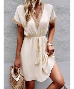 MQQN2023 Summer Tassel Lace Dress Women Casual High Waist Short Sleeve Mini Dress Vestido De Mujer