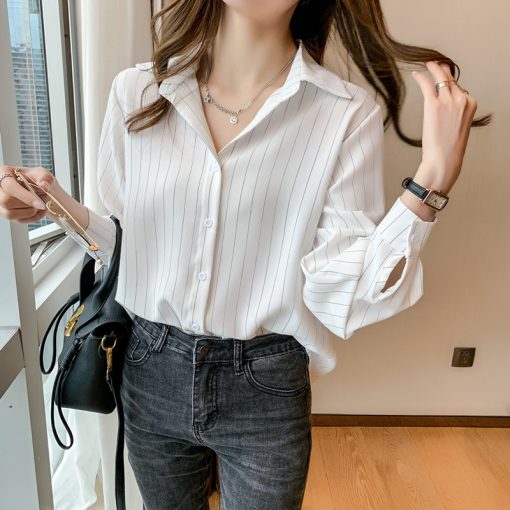 MmnmFashion Woman Blouses 2023 Chiffon Long Sleeve Shirt Tops Woman White Blouse Shirts Striped Top Pretty