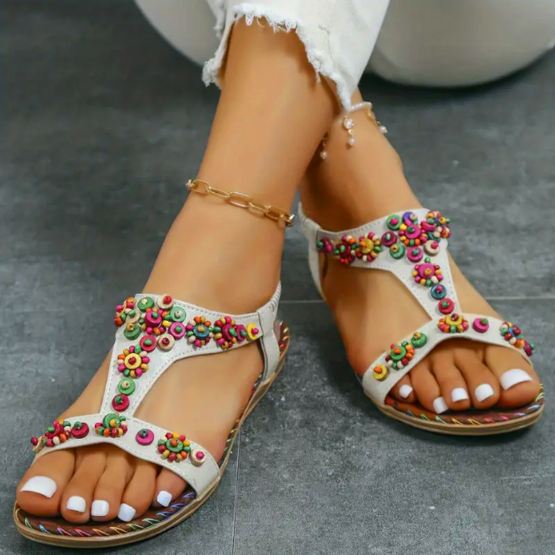 N3DyLucyever Beaded Flowers Flat Heeled Sandals Women Summer 2023 Plus Size Open Toe Bohemian Sandals Woman