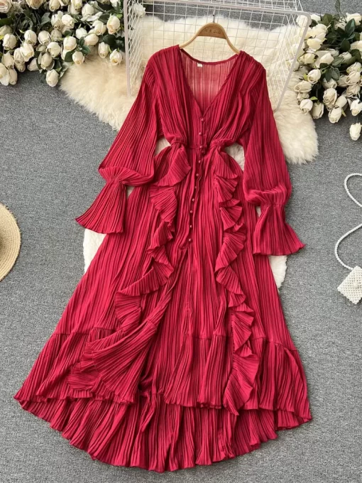 Purple Brown Red Chiffon Pleated Long Dress Women Vintage V Neck Flare Sleeve Draped Ruffle Vestido.jpg (4)
