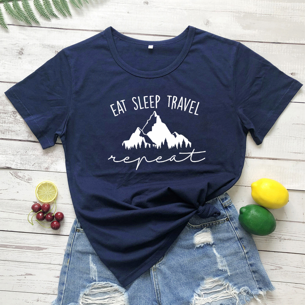 QXm6Eat Sleep Travel Repeat Mountains T shirt Unisex Adventure Hiking Tshirt Outfit Casual Women Camping Outdoor