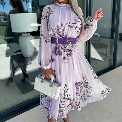 Qi5yFashion Bohemian Floral Print Holiday Dress Casual Women O Neck Long Sleeve Pleated Commuter Dresses Summer
