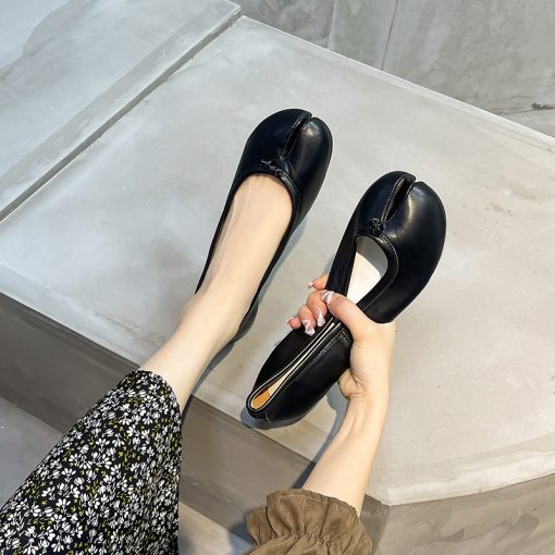 RFO6luxury designer split toe low heels shoes woman bowtie mules leather moccasins Japanese style round heel