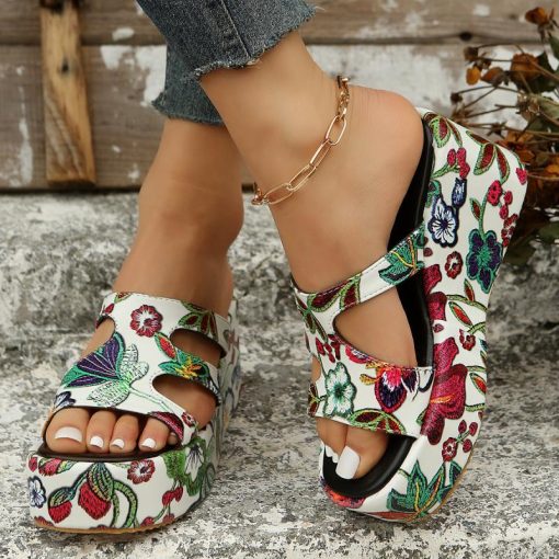 ScaPRimocy Cut Out Print Wedge Sandals Women Gothic Chunky Platform Slippers Woman 2023 Summer Thick Bottom