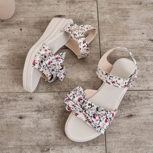 SgTAWomen Fashion Floral Print Bowknot Sandals Buckle Strap Platform Wedge Sandals Woman Summer 2023 Thick Sole