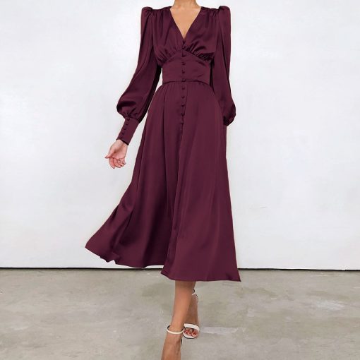 SujWAutumn Elegant Long Sleeve Satin Dress Women 2022 Fashion High Waist Slim Maxi Dresses For Woman