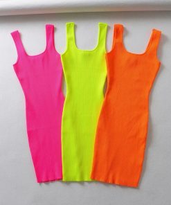 Summer Pink Neon Green Dress Women Ribbed Fluorescence Knit Bodycon Dress Tank Beach Casual Mini Dress Short Sundress
