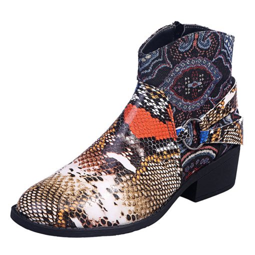 Usy7Winter Boots For Women ankle boots popular Retro Green snake pattern mixed colors flat wedge shoes