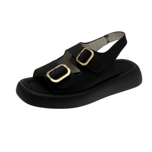 WfYyWomen Beach Sandals Flat Casual Sandals Women Summer Footwear Double Row Metal Button Fashion Open Toe
