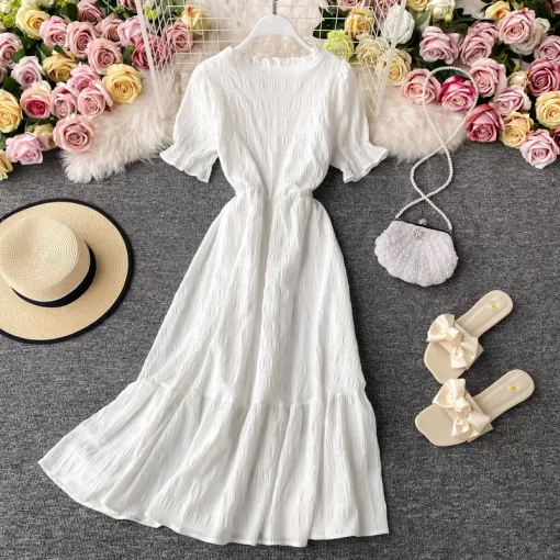Women White Dress Summer Elegant V neck Single breasted Short Flare Sleeve Vintage Dresses Female 2020.jpg (1)