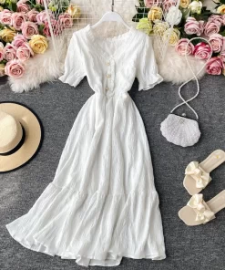 Women White Dress Summer Elegant V neck Single breasted Short Flare Sleeve Vintage Dresses Female 2020.jpg