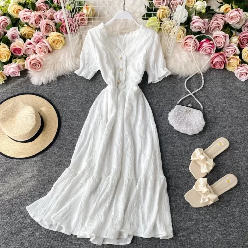 Women White Dress Summer Elegant V neck Single breasted Short Flare Sleeve Vintage Dresses Female 2020.jpg