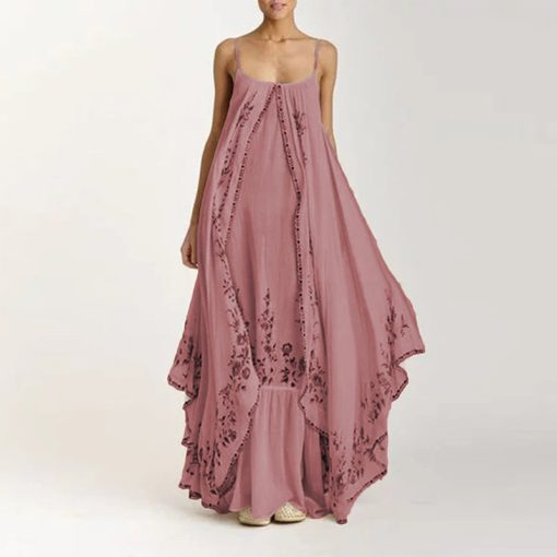 XcFxVintage Sling Floral Print Women Maxi Dresses Casual Boho Sleeveless Elegant Long Dress Ladies Loose Irregular