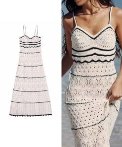 ZiyuTRAF 2023 Summer New Women s Beach Style Knitted Slim Fit Slim Strap Long Dress Solid