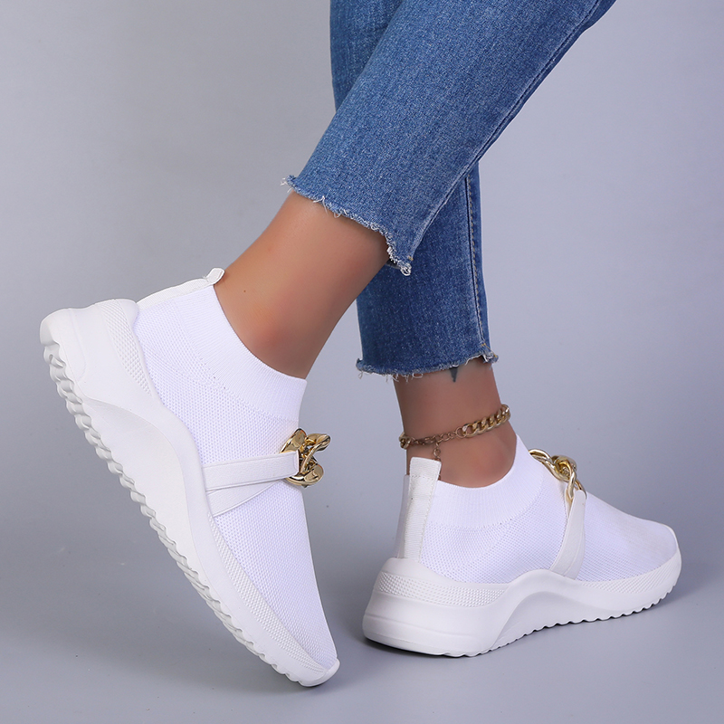 atxABreathable Knitting Flats Shoes for Women 2022 Autumn Fashion Chain Sports Shoes Woman Platform Slip on