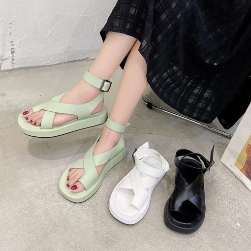 avao2022 Summer New Black White Solid Color Clip Toe Sandals Ladies Roman Women Shoes Muffin Sandals