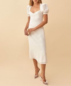 bHGISummer Dress 2021 Sweetheart Neck Short Puff Sleeve White Dress Women Elegant Vintage Evening Party Back