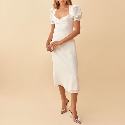 bHGISummer Dress 2021 Sweetheart Neck Short Puff Sleeve White Dress Women Elegant Vintage Evening Party Back