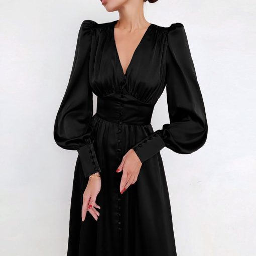 bukiAutumn Elegant Long Sleeve Satin Dress Women 2022 Fashion High Waist Slim Maxi Dresses For Woman
