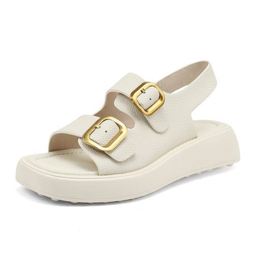 dAUxWomen Beach Sandals Flat Casual Sandals Women Summer Footwear Double Row Metal Button Fashion Open Toe
