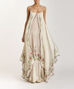 gouOVintage Sling Floral Print Women Maxi Dresses Casual Boho Sleeveless Elegant Long Dress Ladies Loose Irregular