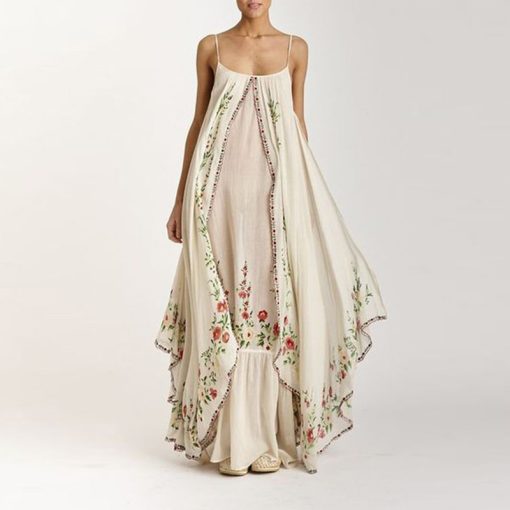 gouOVintage Sling Floral Print Women Maxi Dresses Casual Boho Sleeveless Elegant Long Dress Ladies Loose Irregular