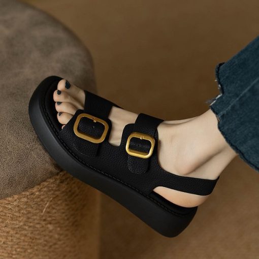 i1dQWomen Beach Sandals Flat Casual Sandals Women Summer Footwear Double Row Metal Button Fashion Open Toe
