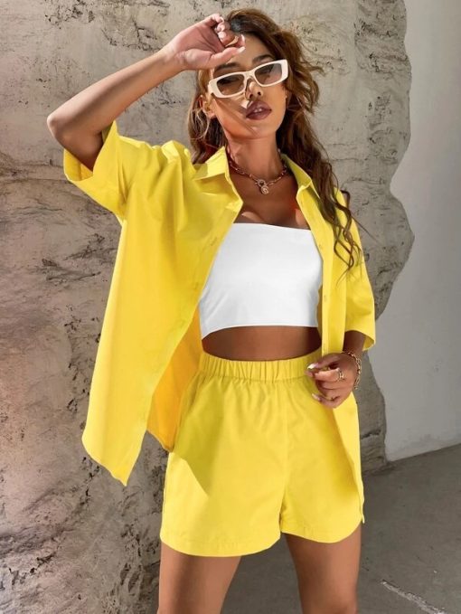 ifzFFashion Chic Solid Cotton Single breasted Women Shorts Set 2023 Summer Elegant Outfits Comfort Versatile Two