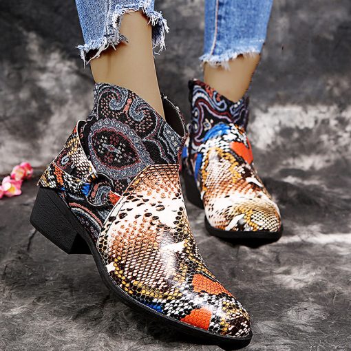 j7JbWinter Boots For Women ankle boots popular Retro Green snake pattern mixed colors flat wedge shoes