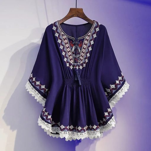 kRAgWomen Summer Retro Boho Style Embroidery Shirts Blouses Cloak Top Loose Cotton Lace Hem Bat sleeve